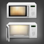 Vector 3d realistic microwave oven with light inside, with open and close door, front view isolated on background. Household appliance to heat and defrost food, for cooking, with timer and buttons